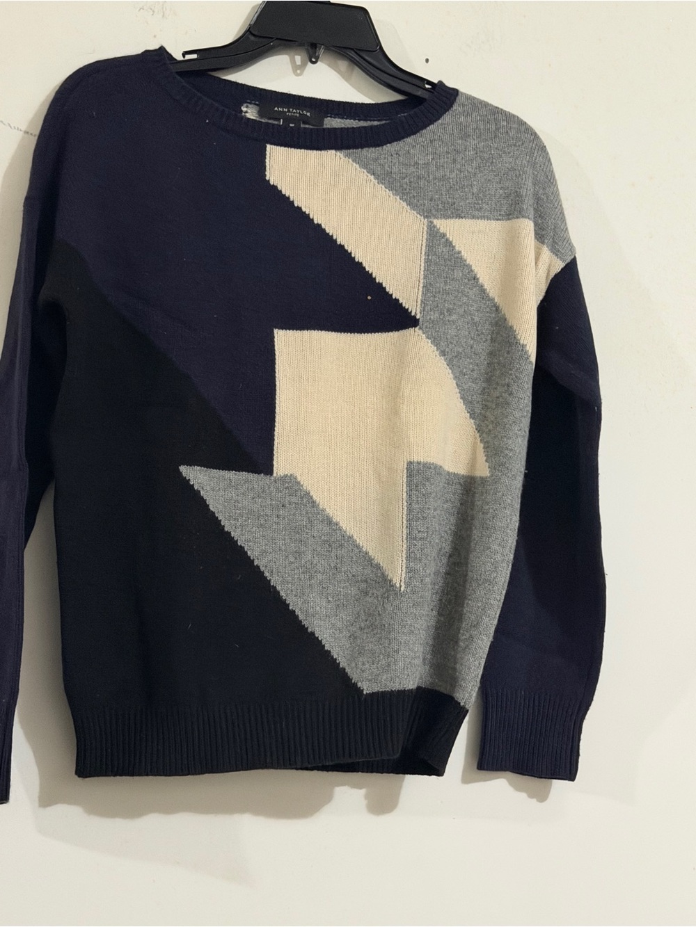 Ann Taylor Men’s Geometric Crewneck Sweater in Navy, Gray & Cream